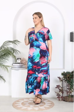 Short Sleeve Ruffled Blue Print Dress