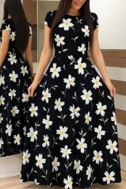 Kısa Kol Papatya Krep Elbise Siyah