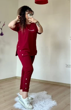 Kısa Kol Yan Çıtçıtlı Bordo Takım