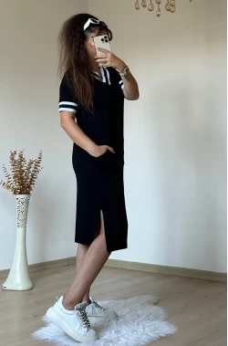 Kısa Kollu V Yaka Ribana Detay Midi Boy Elbise