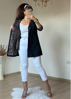 Kısa Leopar Trençkot Siyah