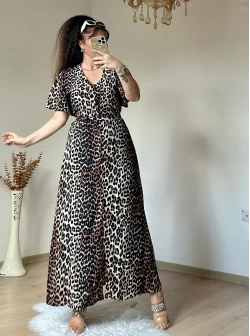 Kol Volanlı Leopar Elbise