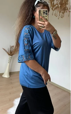 Kolları Dantel Detaylı Takım Mavi