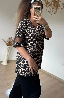 Kolları Tül Detaylı Leopar Takım