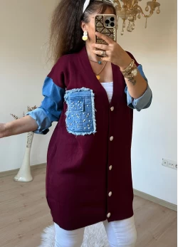 Kot Detaylı Hırka Bordo
