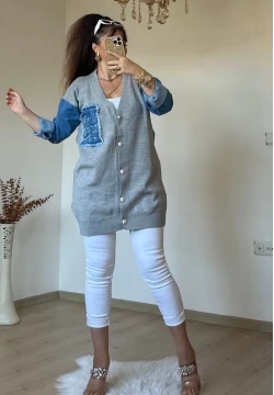 Kot Detaylı Hırka Açık Gri