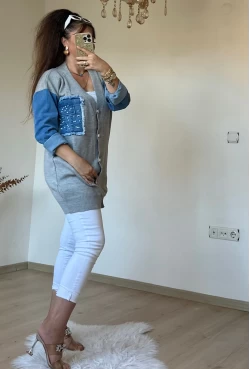 Kot Detaylı Hırka Açık Gri