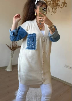 Kot Detaylı Hırka Krem