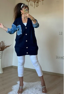 Kot Detaylı Hırka Lacivert
