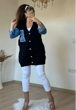 Kot Detaylı Hırka Siyah
