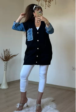Kot Detaylı Hırka Siyah