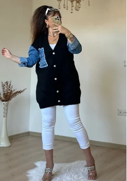 Kot Detaylı Hırka Siyah