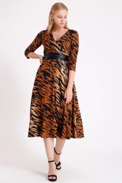 Kruvaze Yaka  Kahve Zebra Desenli Elbise