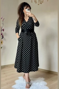 Kruvaze Yaka Uzun Kol Puanlı Krep Elbise