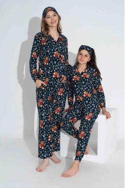 Lacivert Ayıcık Desen Anne Pijama Takımı