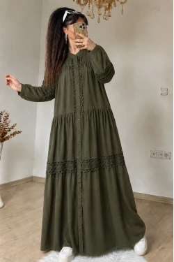 Lavinya Desen Güpür Elbise Haki