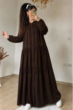 Lavinya Desen Güpür Elbise Kahve