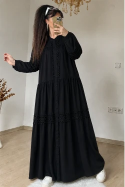 Lavinya Desen Güpür Elbise Siyah
