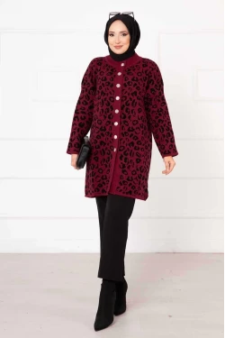 Leopar Desenli Düğmeli Hırka Bordo