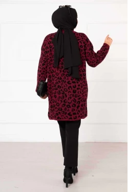 Leopar Desenli Düğmeli Hırka Bordo