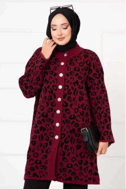 Leopar Desenli Düğmeli Hırka Bordo