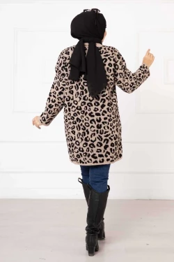 Leopar Desenli Düğmeli Hırka Vizon
