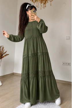 Manolya Desen Dantel Detaylı Elbise Haki