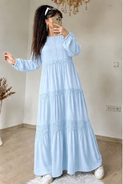 Manolya Desen Dantel Detaylı Elbise Mavi