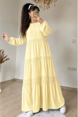 Manolya Desen Dantel Detaylı Elbise Sarı