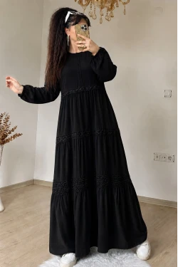Manolya Desen Dantel Detaylı Elbise Siyah