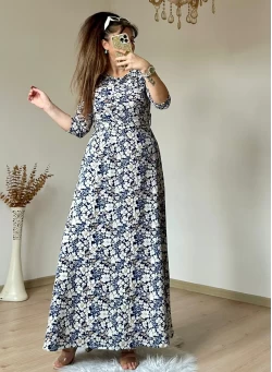 Mavi Çıtır Çıceklı Bürümcük Elbise