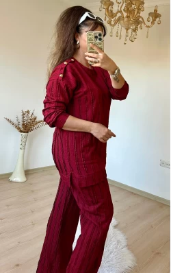 Omuz Gold Düğmeli Takım Bordo
