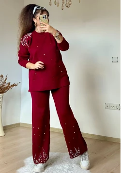 Omuz Ve Paça İncili Taşlı Takım Bordo