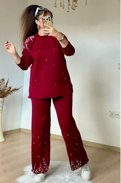 Omuz Ve Paça İncili Taşlı Takım Bordo