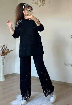 Omuz Ve Paça İncili Taşlı Takım Siyah