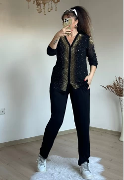 Ön Boydan Gold Taşlı Uzun Kol Takım