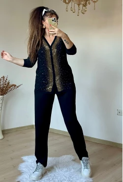 Ön Boydan Gold Taşlı Uzun Kol Takım