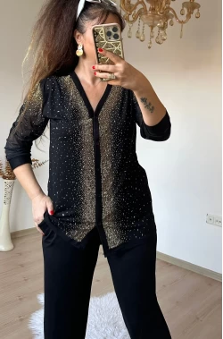 Ön Boydan Gold Taşlı Uzun Kol Takım