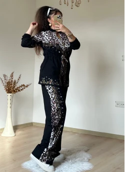 Ön Fermuarlı Taşlı Leopar Takım