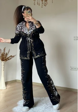 Ön Fermuarlı Taşlı Leopar Takım
