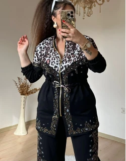 Ön Fermuarlı Taşlı Leopar Takım