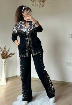 Ön Fermuarlı Taşlı Leopar Takım