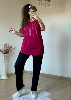 Ön Şerit Taşlı Takım Bordo