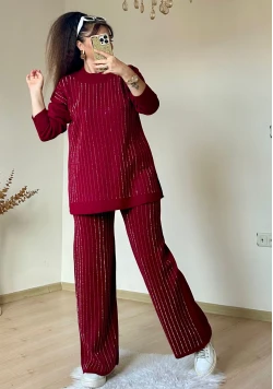 Ön Taşlı Triko Takım Bordo
