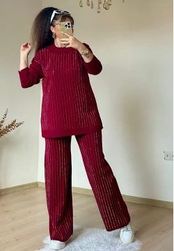 Ön Taşlı Triko Takım Bordo