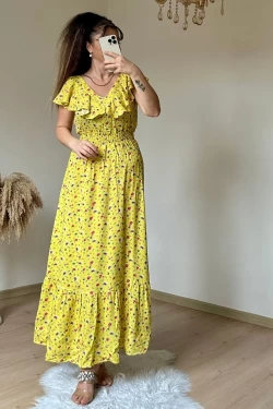 Prenses Çıtır Çiçekli Elbise Sarı