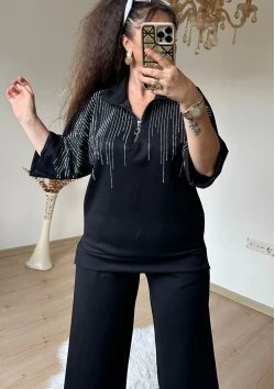 Prenses Taşlı Takım Sıyah