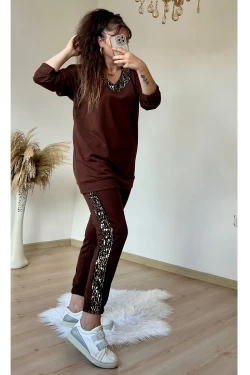 Pul Payet Şeritli Eşofman Takımı Kahve