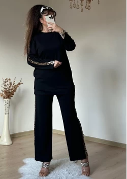 Pul Payet Şerıtlı Takım Siyah
