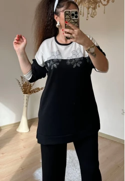 Sıyah Beyaz Çıceklı Takım